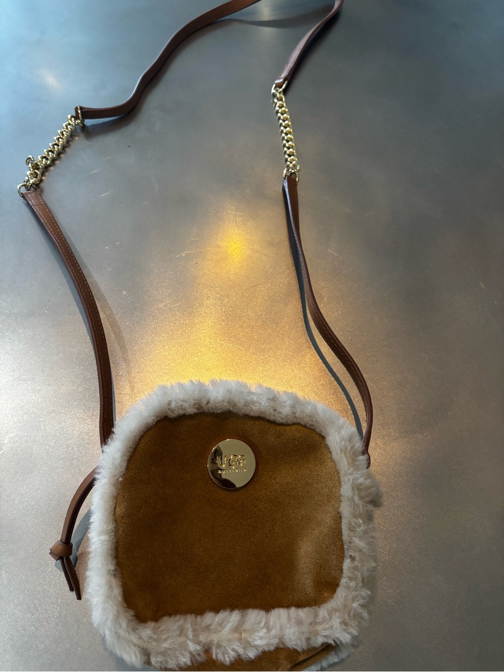 UGG Brown Faux-Shearling Crossbody with Cream Trim and Gold Logo
